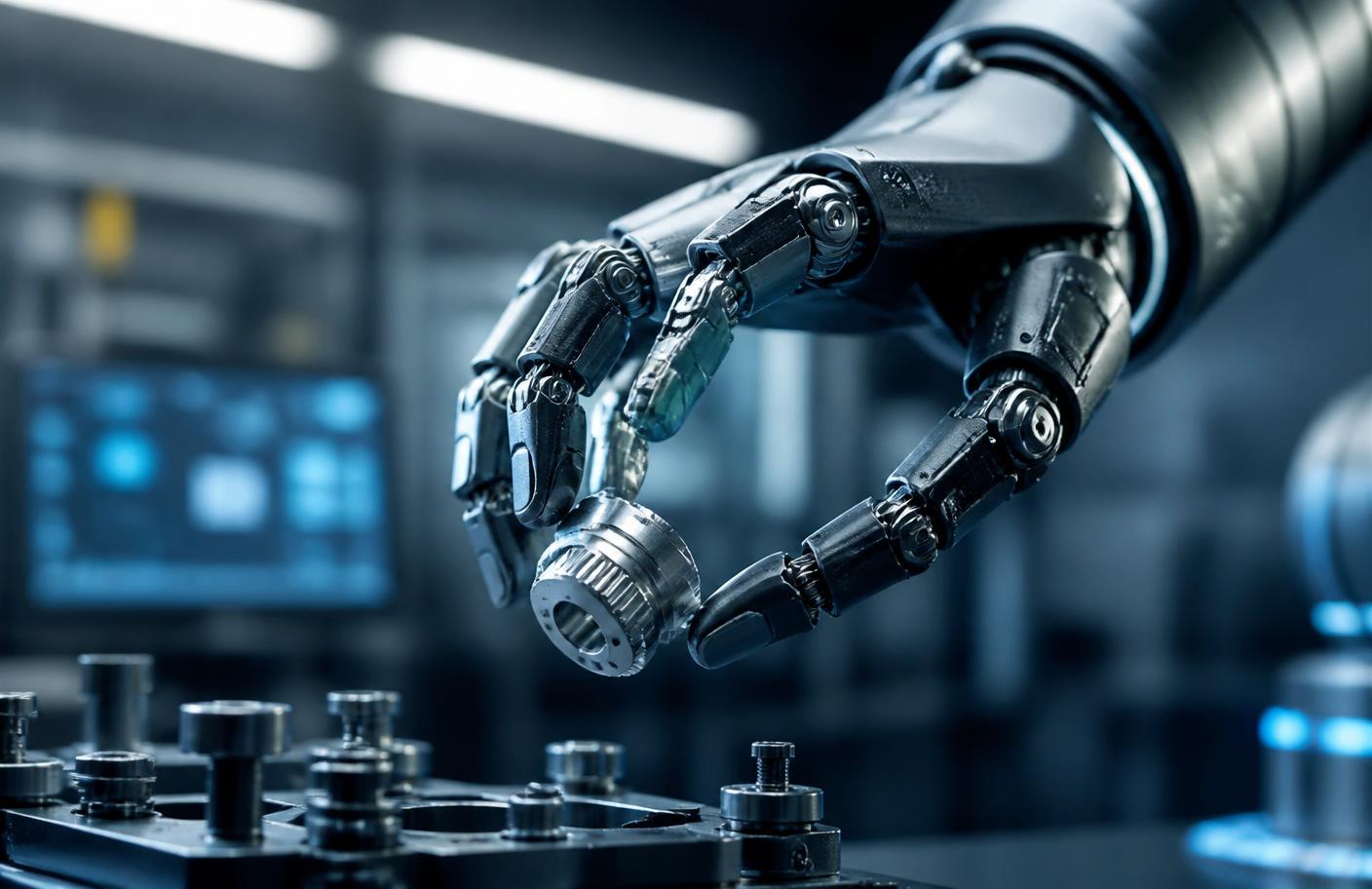 Robotic hand positioning a machined metal component
