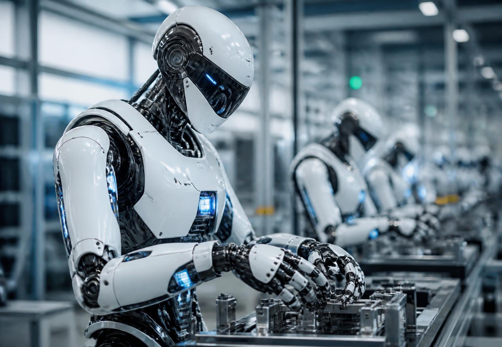 Humanoid robots working on an industrial assembly line