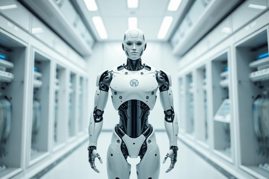 White humanoid robot in a laboratory